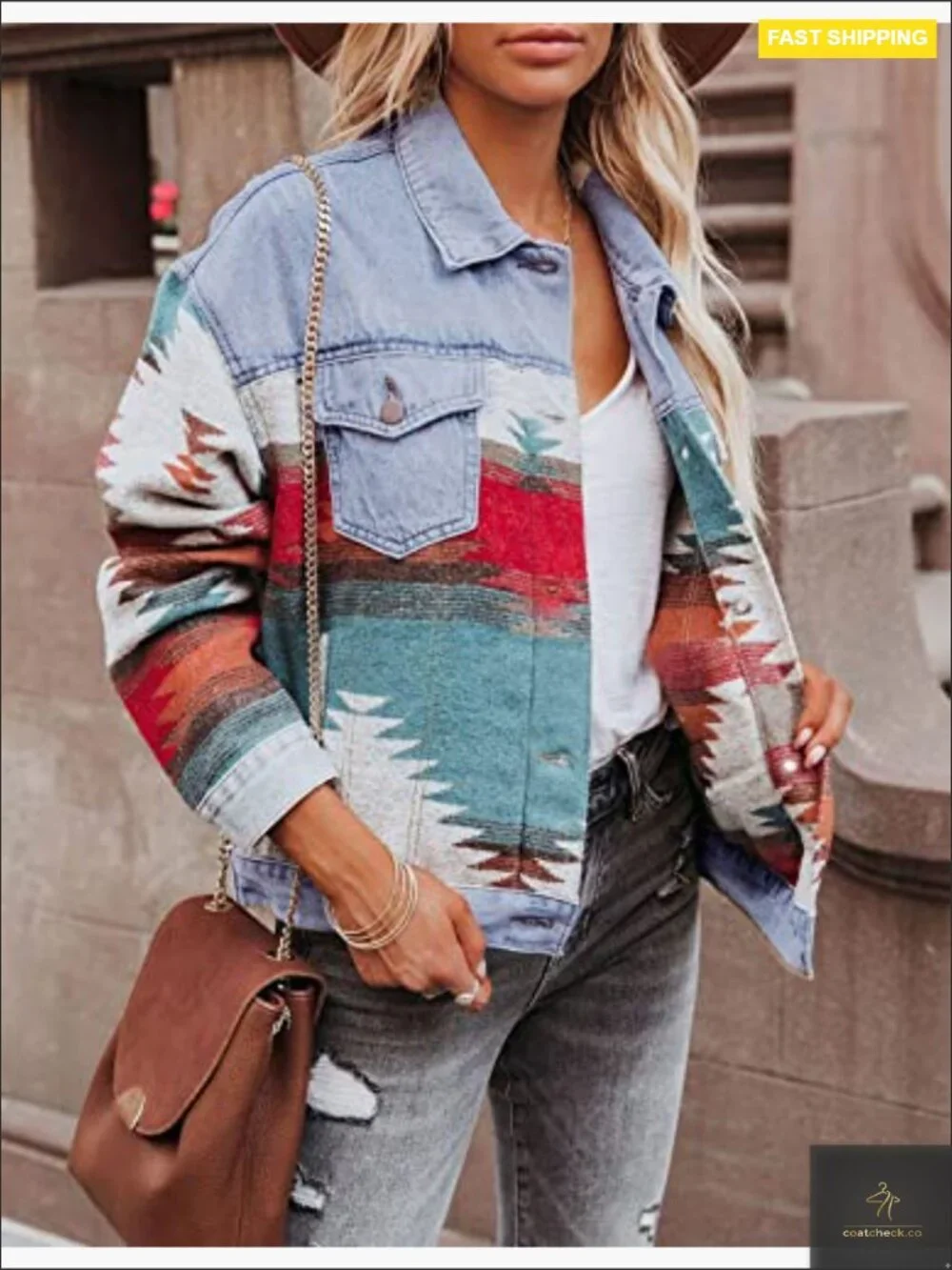 Vintage Aztec Print Shacket Button Down Long Sleeve Woolen Jacket Coat Oversized